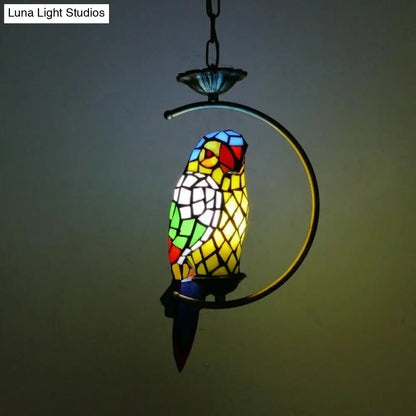 Tiffany Style Blue/Green Parrot Suspension Pendant Light - Stained Art Glass Ceiling Lamp for Bedroom