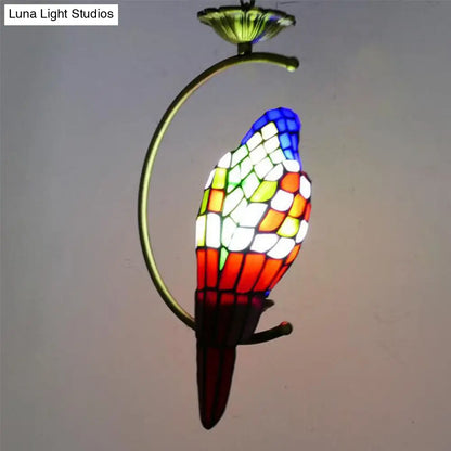 Tiffany Style Blue/Green Parrot Suspension Pendant Light - Stained Art Glass Ceiling Lamp for Bedroom