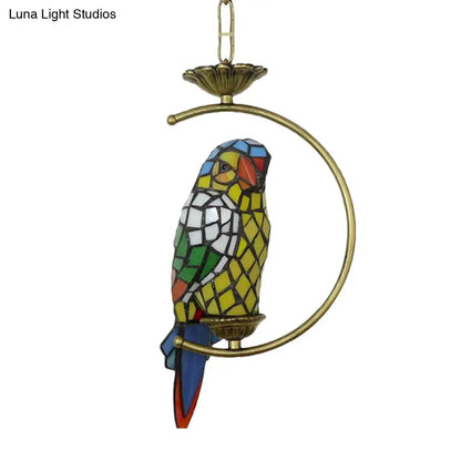 Tiffany Style Blue/Green Parrot Suspension Pendant Light - Stained Art Glass Ceiling Lamp for Bedroom