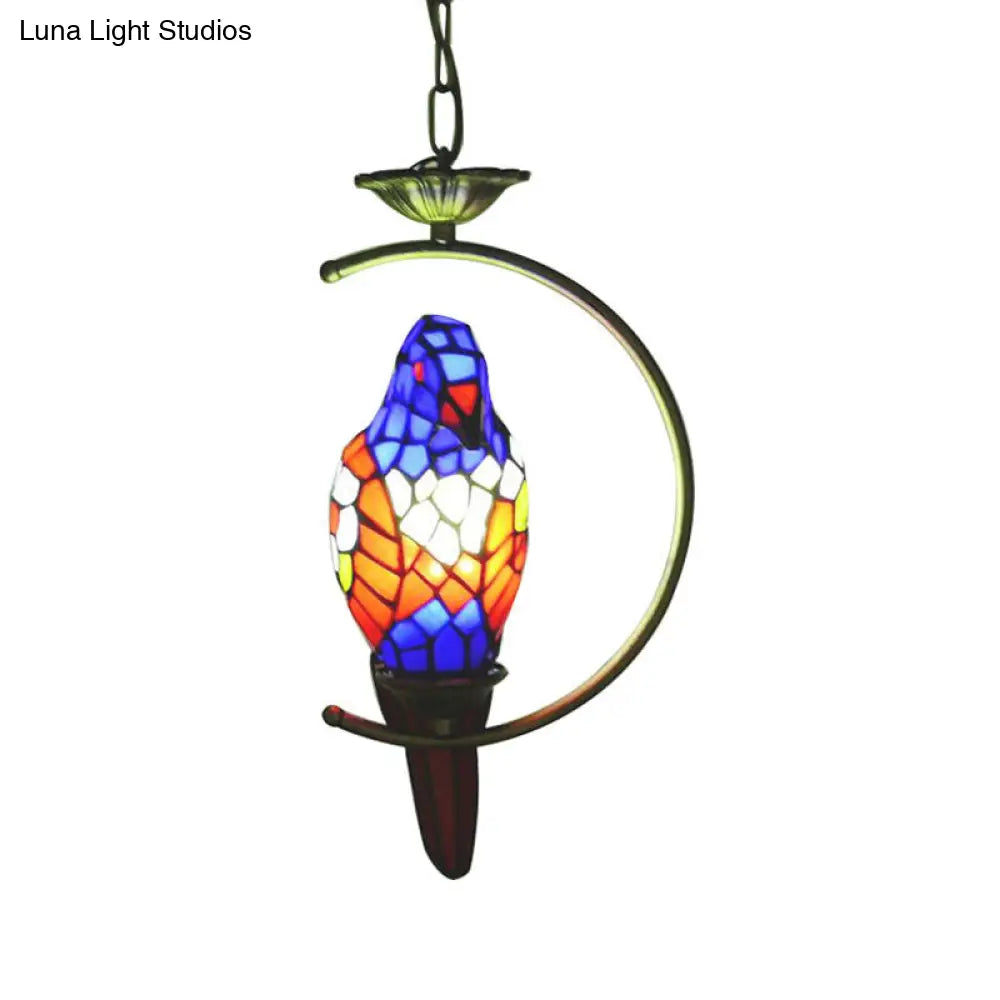 Tiffany Style Blue/Green Parrot Suspension Pendant Light - Stained Art Glass Ceiling Lamp for Bedroom