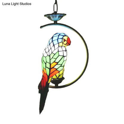 Tiffany Style Blue/Green Parrot Suspension Pendant Light - Stained Art Glass Ceiling Lamp for Bedroom