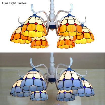 DecorBites™ DecorBites™ Tiffany Style Blue/Orange Glass Dome Semi Flush Light with 6 Heads in White Finish