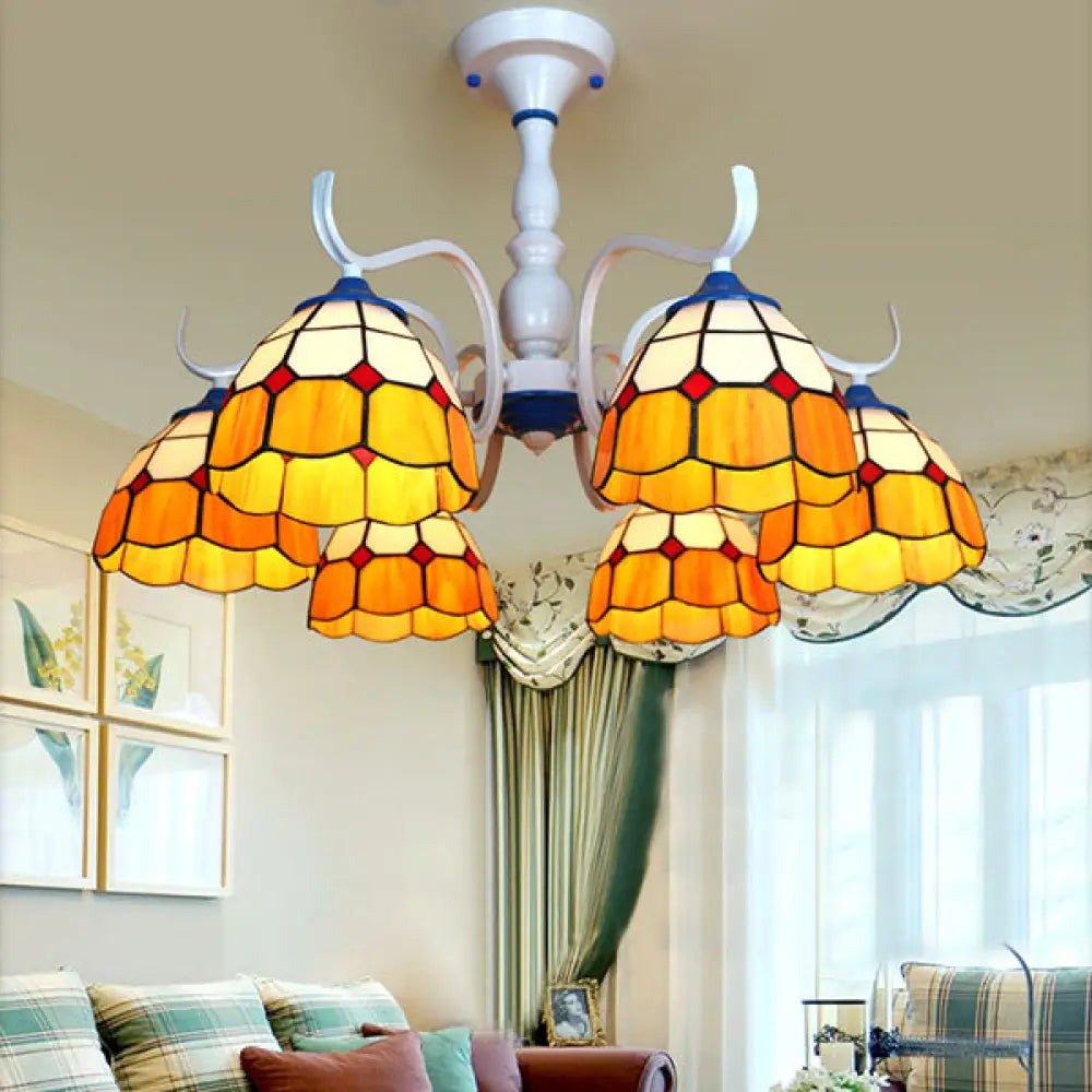 DecorBites™ DecorBites™ Tiffany Style Blue/Orange Glass Dome Semi Flush Light with 6 Heads in White Finish