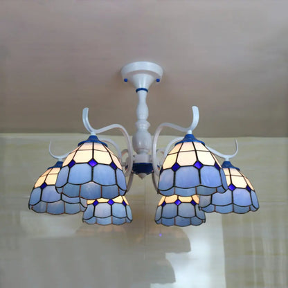 DecorBites™ DecorBites™ Tiffany Style Blue/Orange Glass Dome Semi Flush Light with 6 Heads in White Finish