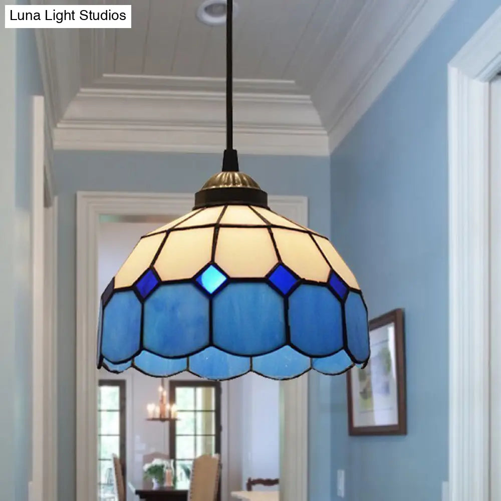 Tiffany Style Blue Scalloped Glass Pendant Light - Single-Bulb Suspension Lamp with Grid Pattern