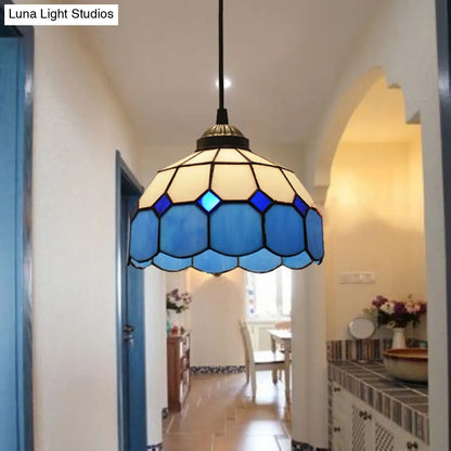 Tiffany Style Blue Scalloped Glass Pendant Light - Single-Bulb Suspension Lamp with Grid Pattern