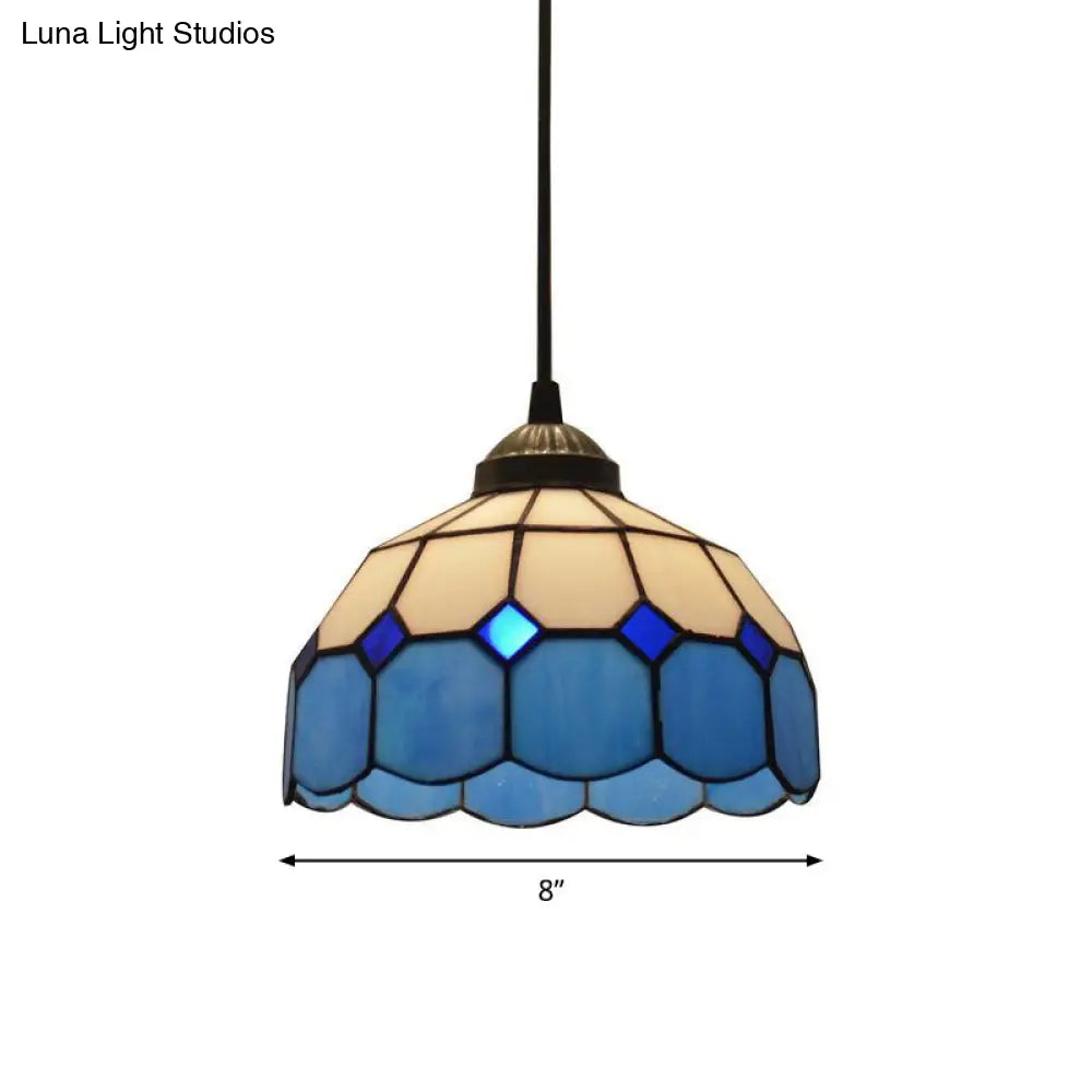 Tiffany Style Blue Scalloped Glass Pendant Light - Single-Bulb Suspension Lamp with Grid Pattern