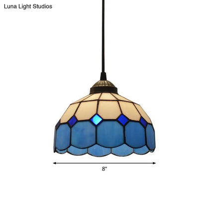 Tiffany Style Blue Scalloped Glass Pendant Light - Single-Bulb Suspension Lamp with Grid Pattern