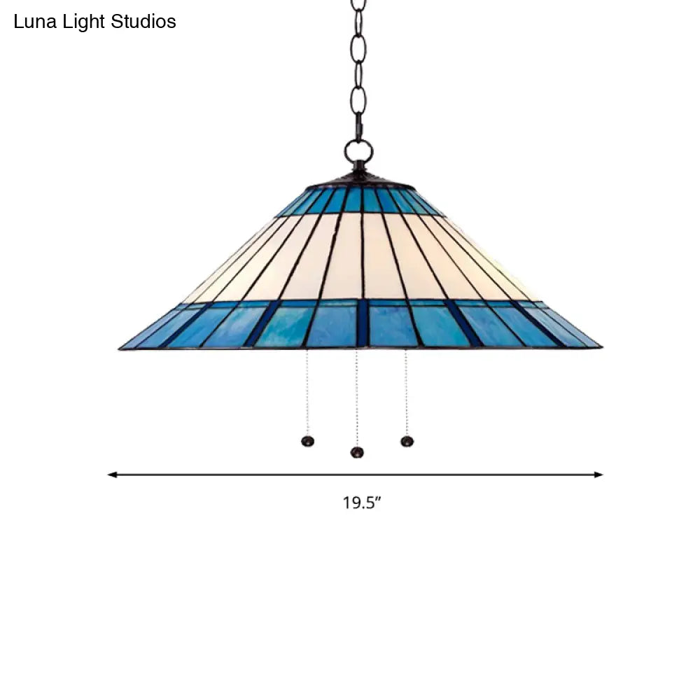 Tiffany-Style Blue Stained Glass Pendant Light - Tapered Design, 16"/19.5" W, Single Bulb