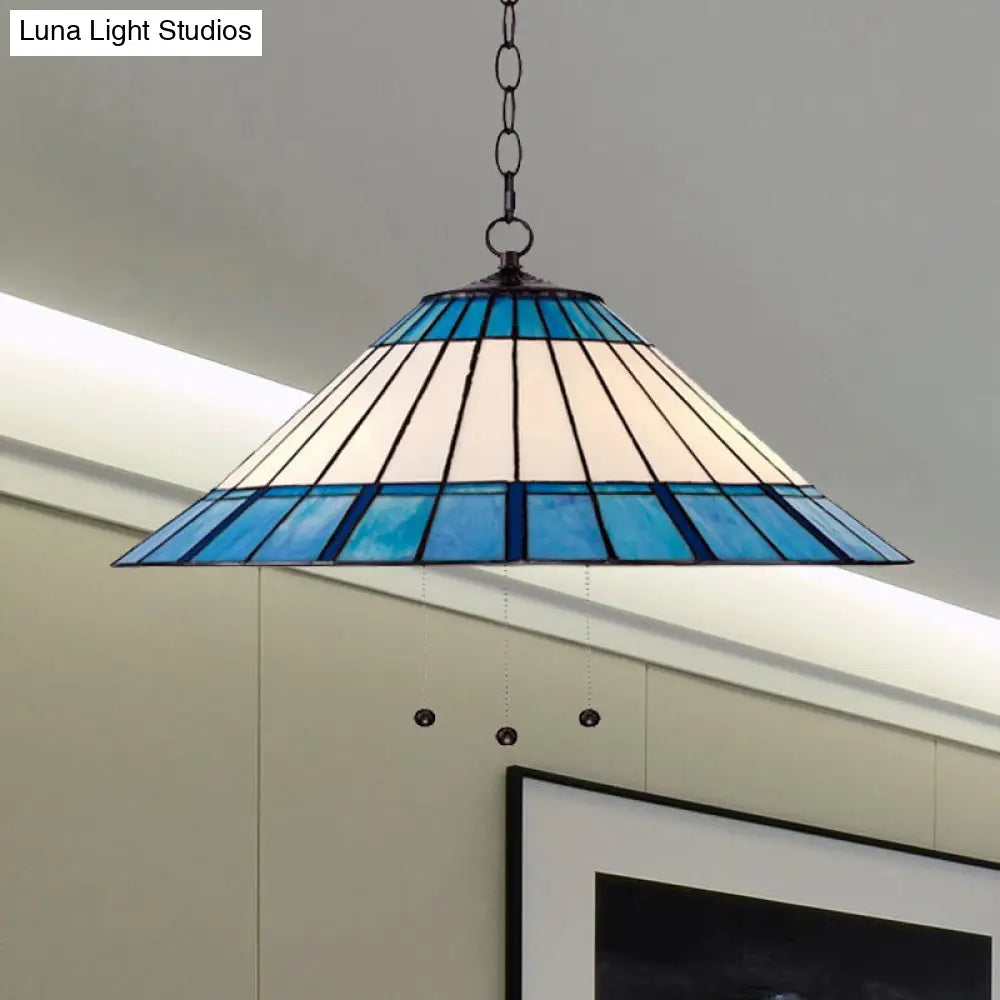 Tiffany-Style Blue Stained Glass Pendant Light - Tapered Design, 16"/19.5" W, Single Bulb