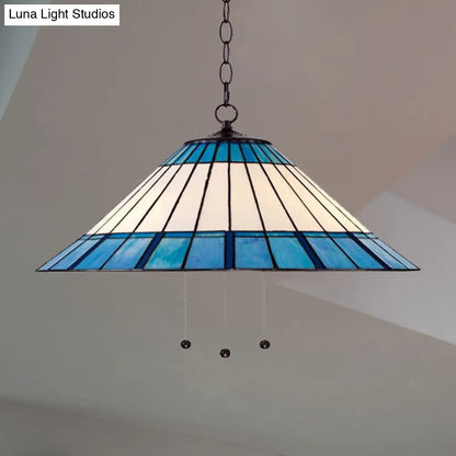 Tiffany-Style Blue Stained Glass Pendant Light - Tapered Design, 16"/19.5" W, Single Bulb