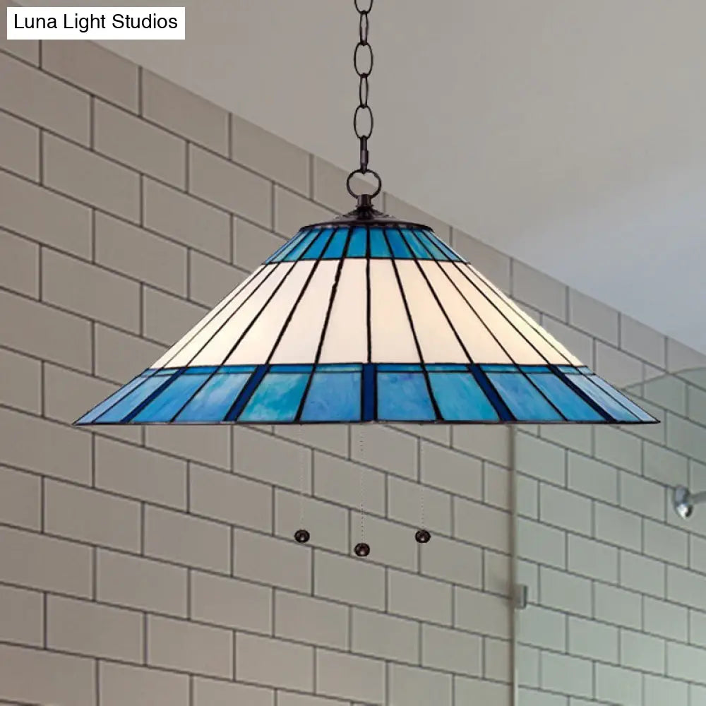 Tiffany-Style Blue Stained Glass Pendant Light - Tapered Design, 16"/19.5" W, Single Bulb