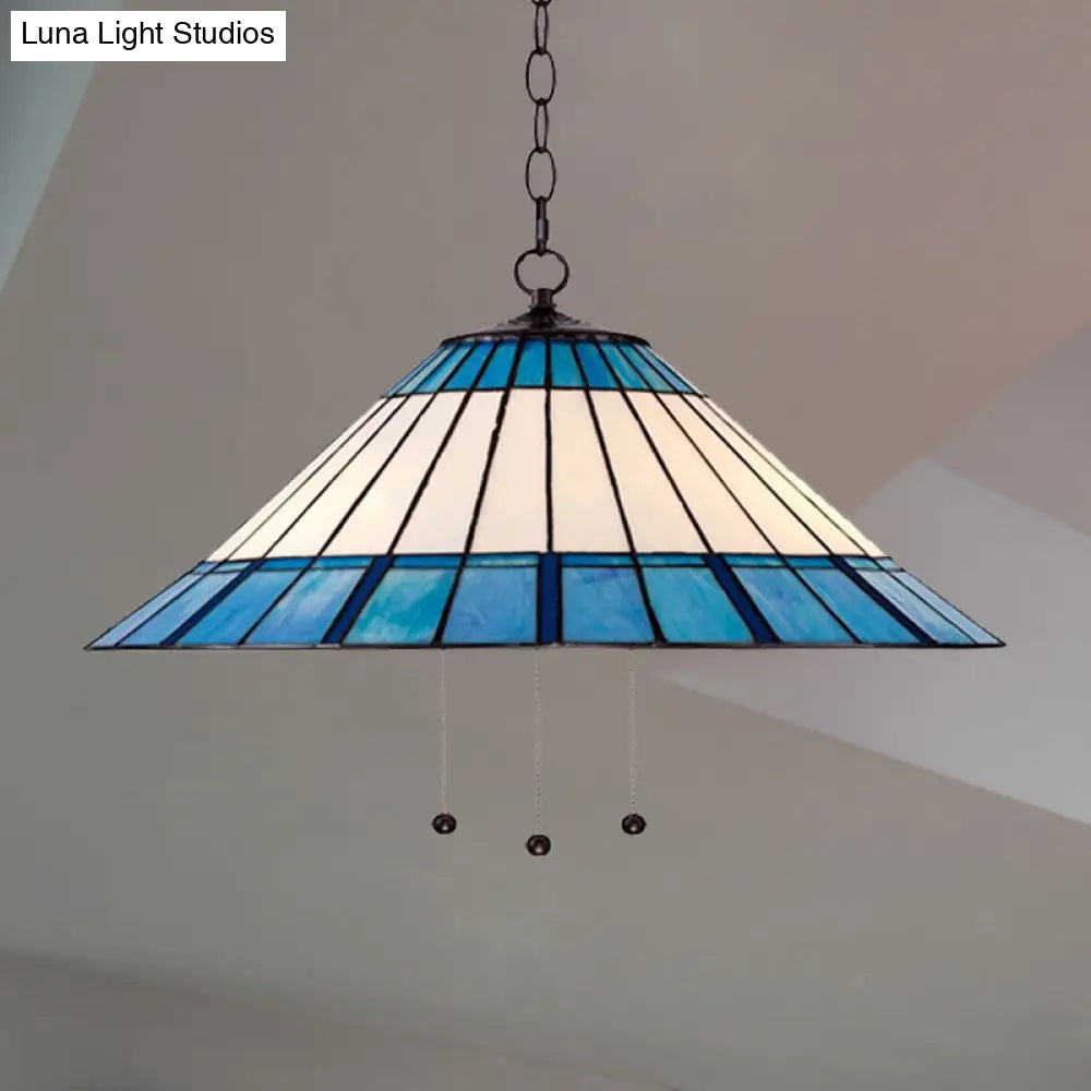 Tiffany-Style Blue Stained Glass Pendant Light - Tapered Design, 16"/19.5" W, Single Bulb