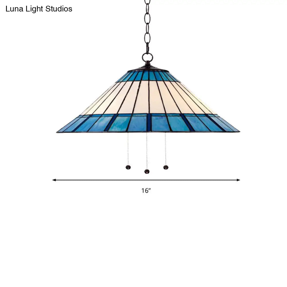 Tiffany-Style Blue Stained Glass Pendant Light - Tapered Design, 16"/19.5" W, Single Bulb