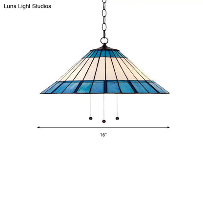 Tiffany-Style Blue Stained Glass Pendant Light - Tapered Design, 16"/19.5" W, Single Bulb