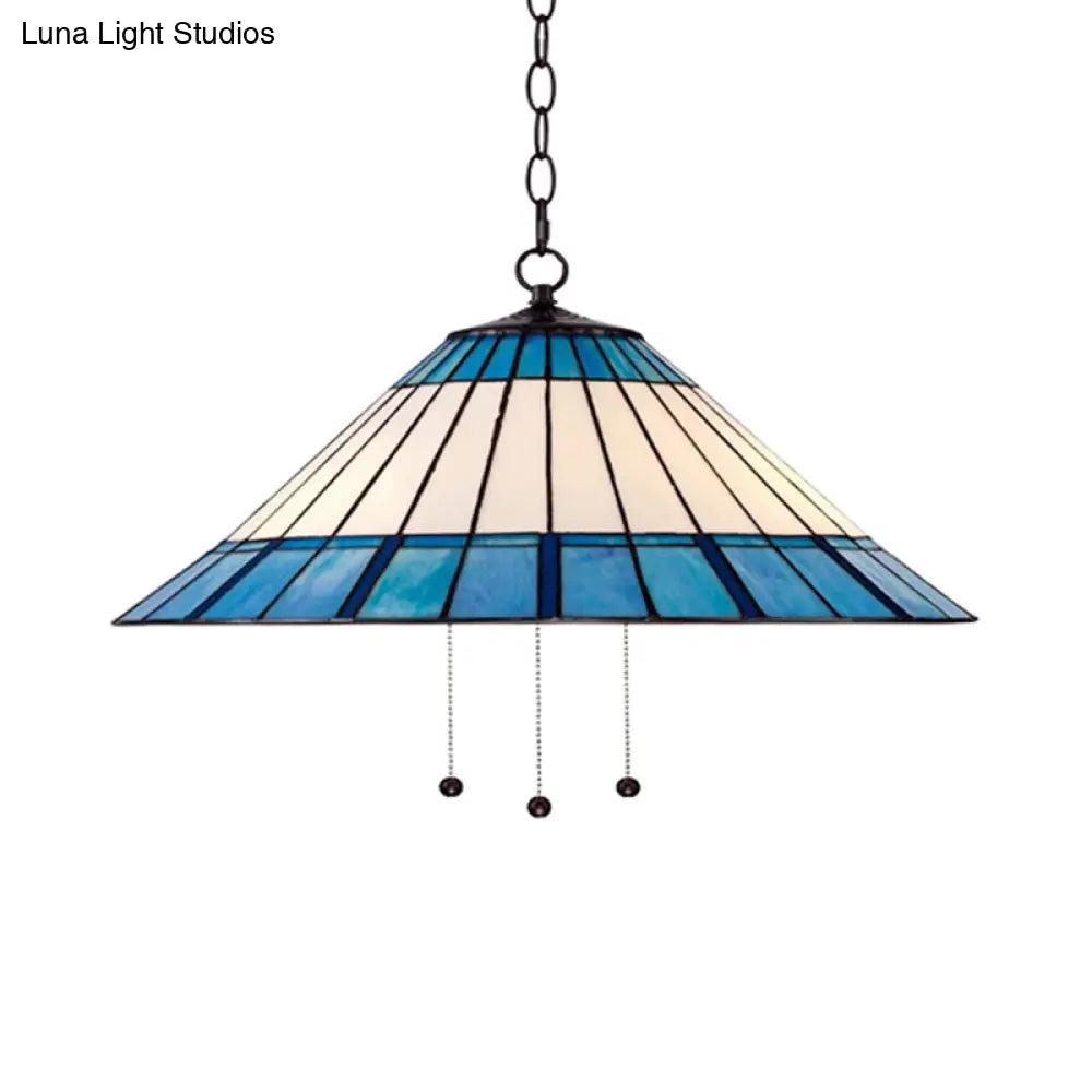 Tiffany-Style Blue Stained Glass Pendant Light - Tapered Design, 16"/19.5" W, Single Bulb