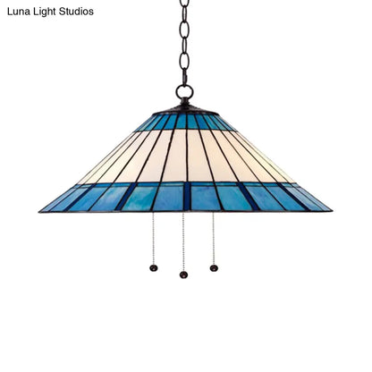 Tiffany-Style Blue Stained Glass Pendant Light - Tapered Design, 16"/19.5" W, Single Bulb