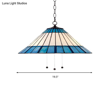 Tiffany-Style Blue Stained Glass Pendant Light - Tapered Design, 16"/19.5" W, Single Bulb