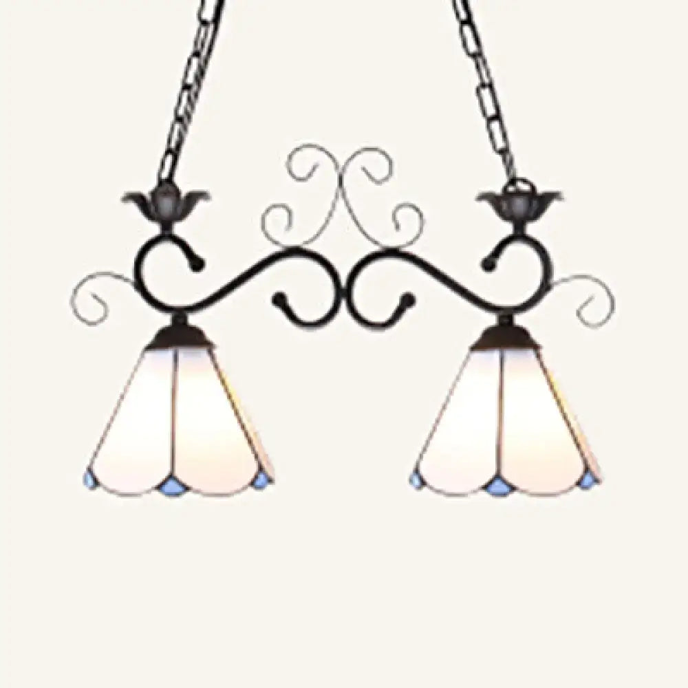 Black wrought iron decorbites tiffany style island pendant light with two blue white stained glass shades