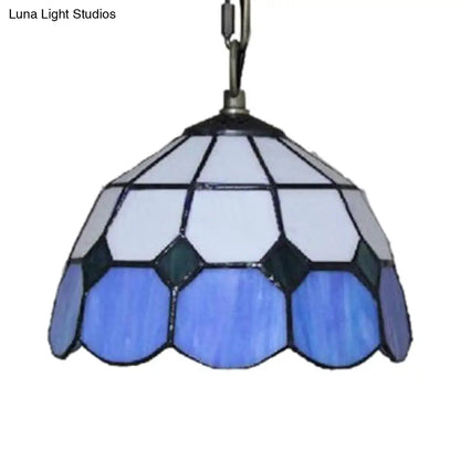 Tiffany-Style Bowl Pendant Light in Blue and White - Single Bulb Stained Glass Hanging Lamp