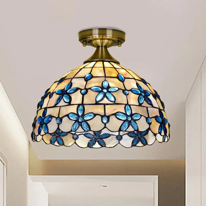 DecorBites™ DecorBites™ Tiffany Style Brass Dome Close to Ceiling Light - Blue Floral Jewels