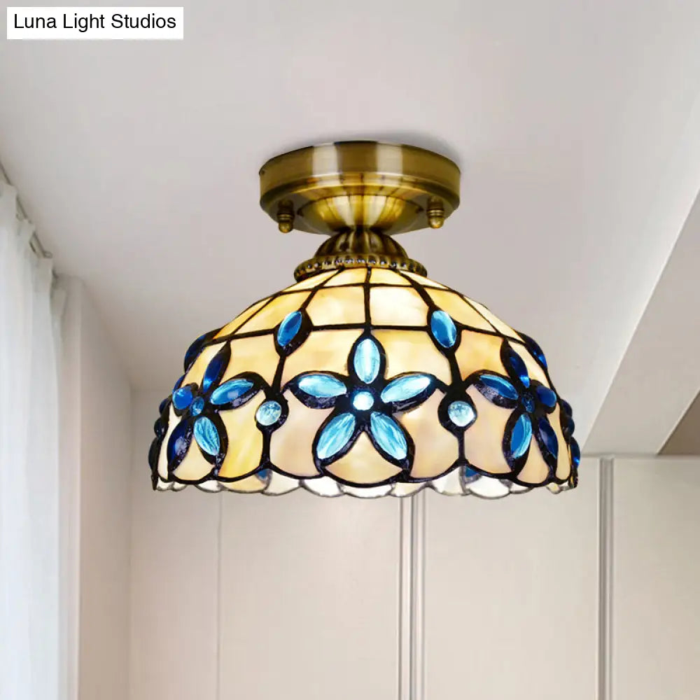 DecorBites™ DecorBites™ Tiffany Style Brass Dome Close to Ceiling Light - Blue Floral Jewels