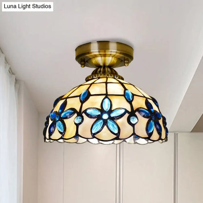 DecorBites™ DecorBites™ Tiffany Style Brass Dome Close to Ceiling Light - Blue Floral Jewels