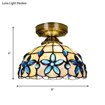 DecorBites™ DecorBites™ Tiffany Style Brass Dome Close to Ceiling Light - Blue Floral Jewels
