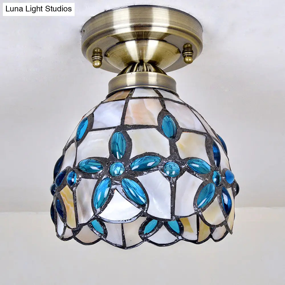 DecorBites™ DecorBites™ Tiffany Style Brass Dome Close to Ceiling Light - Blue Floral Jewels