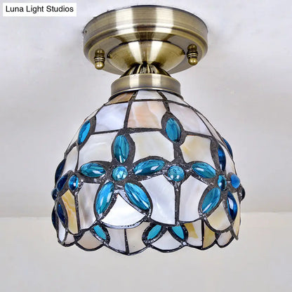 DecorBites™ DecorBites™ Tiffany Style Brass Dome Close to Ceiling Light - Blue Floral Jewels