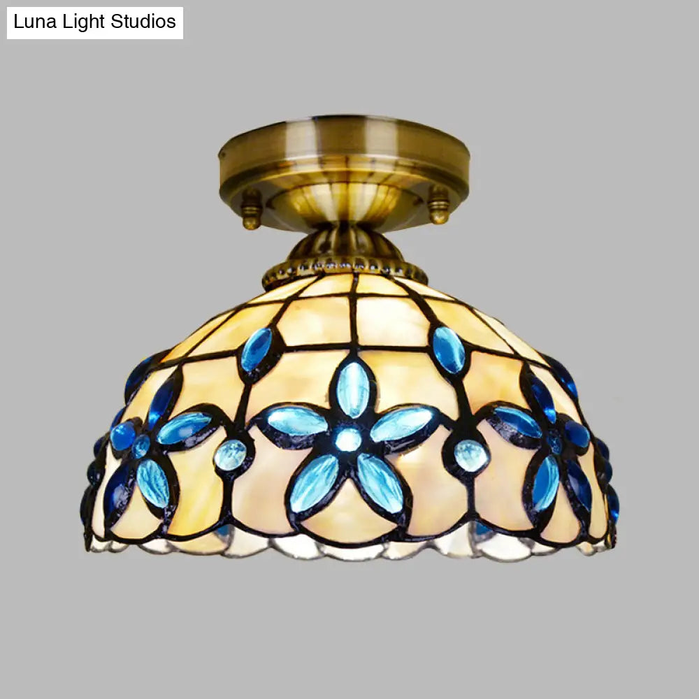DecorBites™ DecorBites™ Tiffany Style Brass Dome Close to Ceiling Light - Blue Floral Jewels
