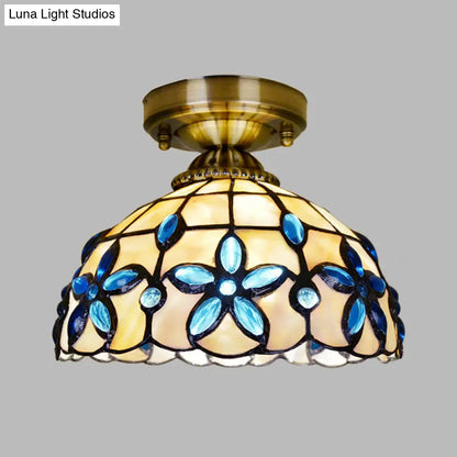DecorBites™ DecorBites™ Tiffany Style Brass Dome Close to Ceiling Light - Blue Floral Jewels