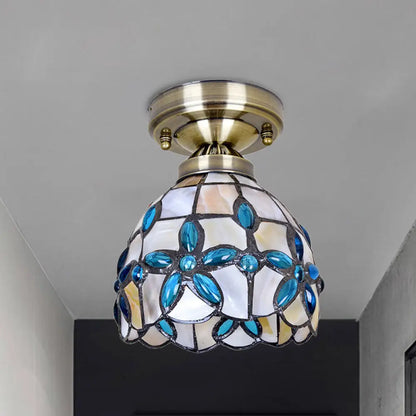 DecorBites™ DecorBites™ Tiffany Style Brass Dome Close to Ceiling Light - Blue Floral Jewels