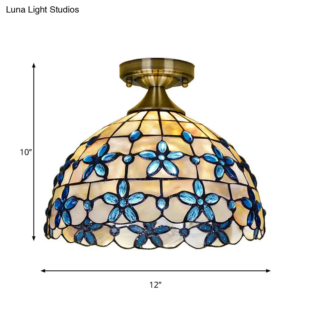 DecorBites™ DecorBites™ Tiffany Style Brass Dome Close to Ceiling Light - Blue Floral Jewels
