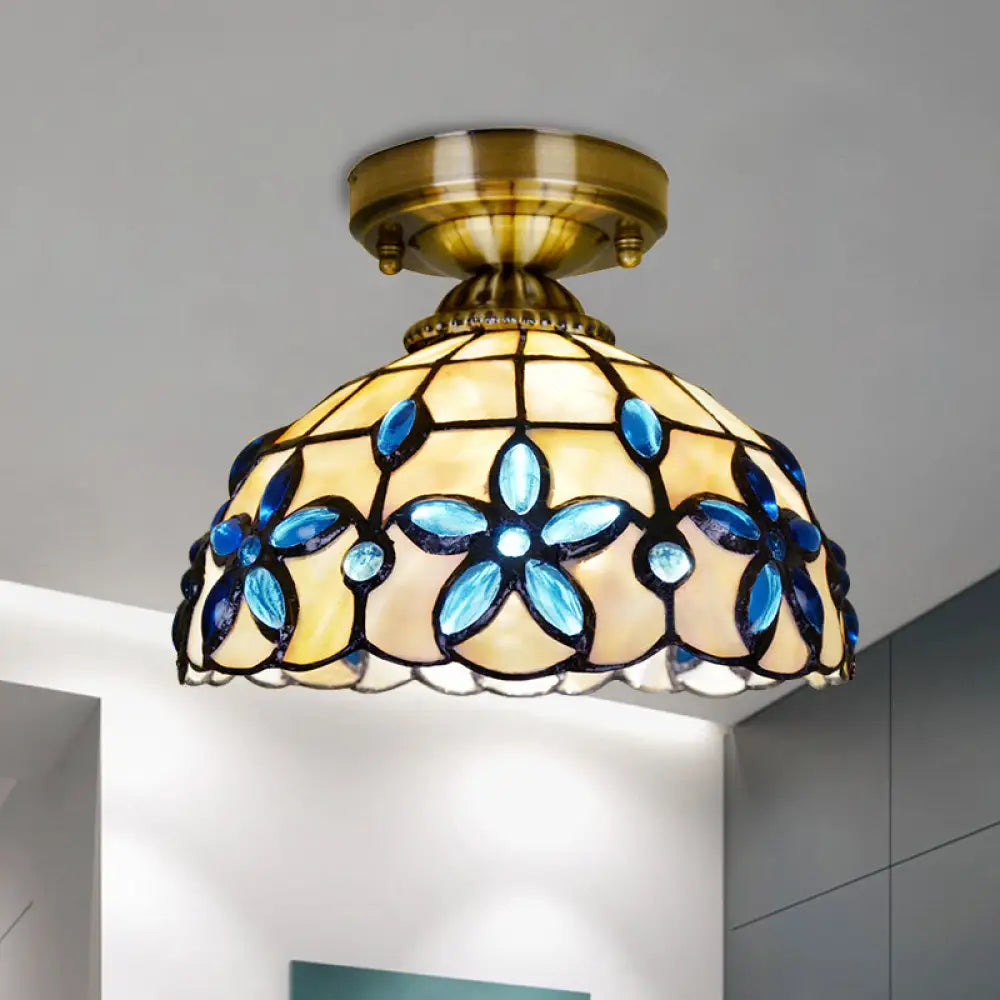 DecorBites™ DecorBites™ Tiffany Style Brass Dome Close to Ceiling Light - Blue Floral Jewels