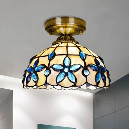 DecorBites™ DecorBites™ Tiffany Style Brass Dome Close to Ceiling Light - Blue Floral Jewels