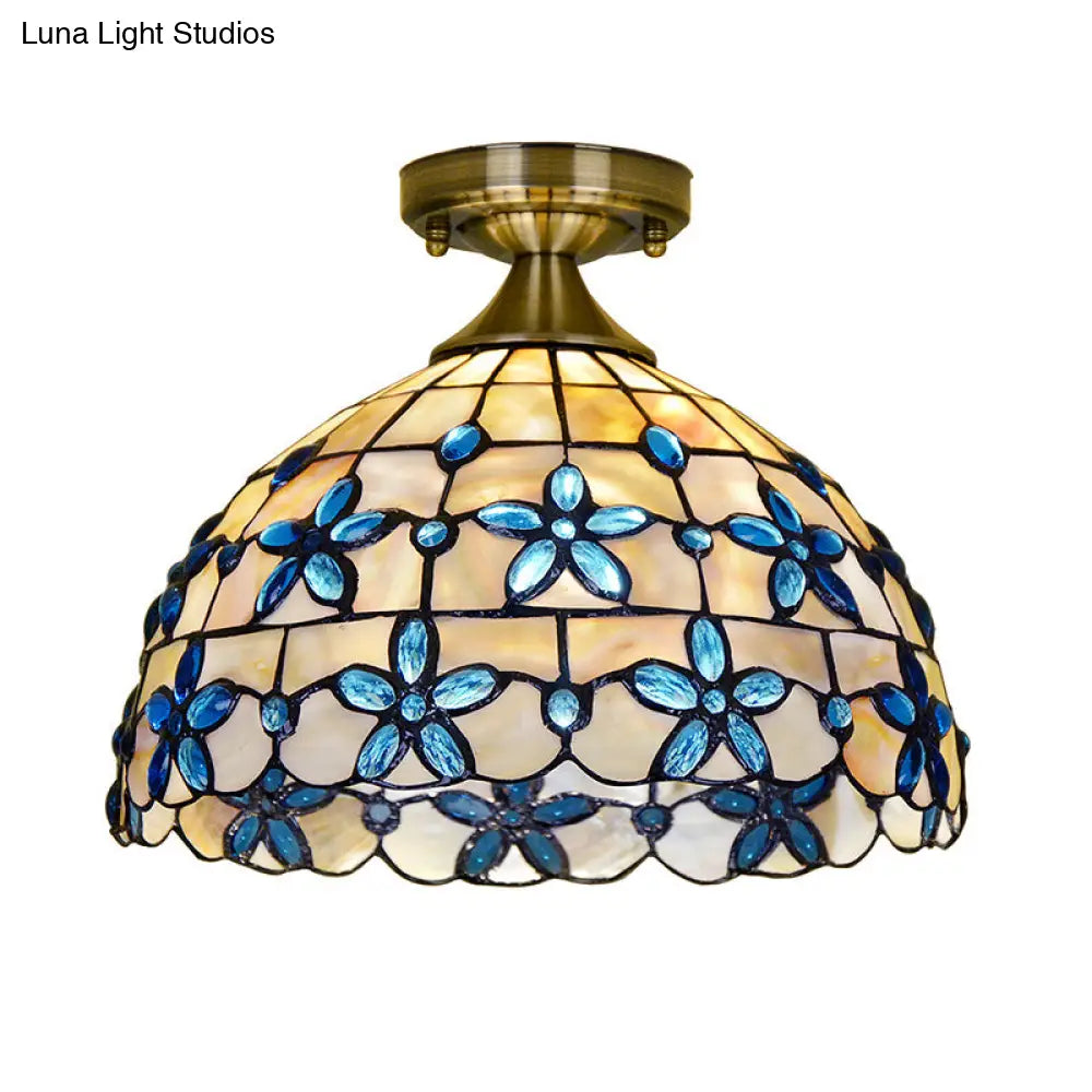 DecorBites™ DecorBites™ Tiffany Style Brass Dome Close to Ceiling Light - Blue Floral Jewels