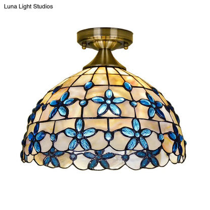 DecorBites™ DecorBites™ Tiffany Style Brass Dome Close to Ceiling Light - Blue Floral Jewels