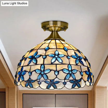 DecorBites™ DecorBites™ Tiffany Style Brass Dome Close to Ceiling Light - Blue Floral Jewels