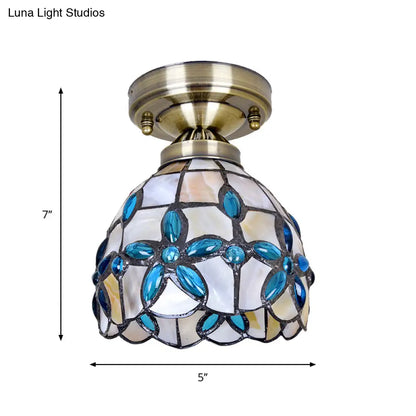 DecorBites™ DecorBites™ Tiffany Style Brass Dome Close to Ceiling Light - Blue Floral Jewels