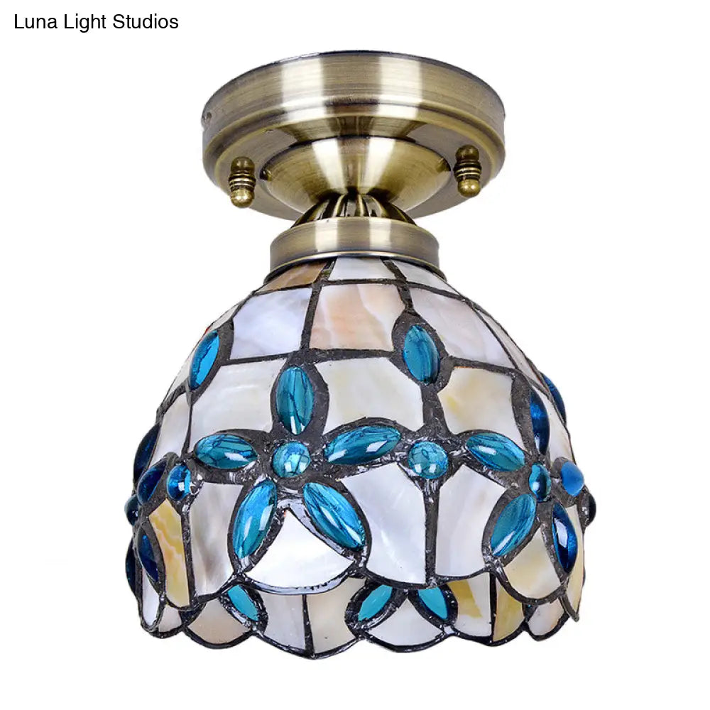 DecorBites™ DecorBites™ Tiffany Style Brass Dome Close to Ceiling Light - Blue Floral Jewels