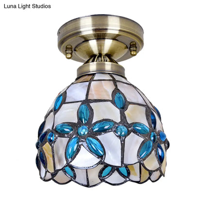 DecorBites™ DecorBites™ Tiffany Style Brass Dome Close to Ceiling Light - Blue Floral Jewels