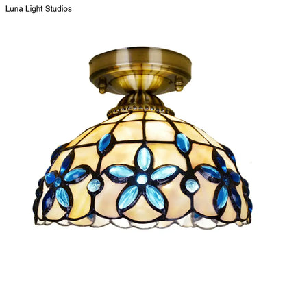 DecorBites™ DecorBites™ Tiffany Style Brass Dome Close to Ceiling Light - Blue Floral Jewels