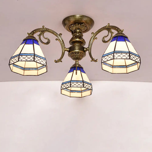 Tiffany Style Ceiling Light - Blue Stained Glass Bell Shade - Semi Flush Mount Fixture with 3 Heads