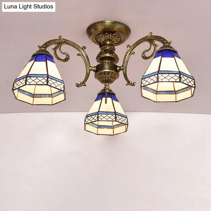 Tiffany Style Ceiling Light - Blue Stained Glass Bell Shade - Semi Flush Mount Fixture with 3 Heads