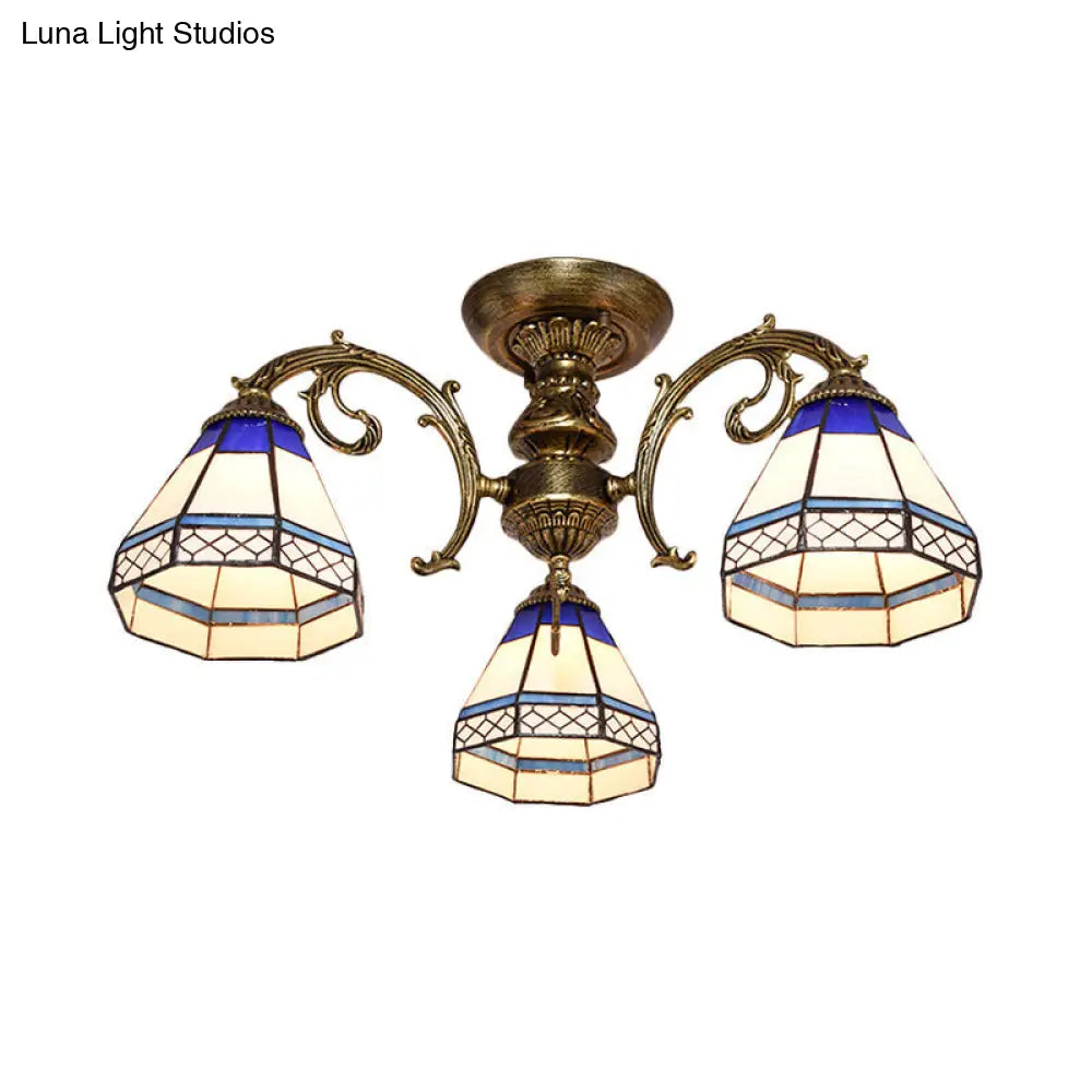 Tiffany Style Ceiling Light - Blue Stained Glass Bell Shade - Semi Flush Mount Fixture with 3 Heads