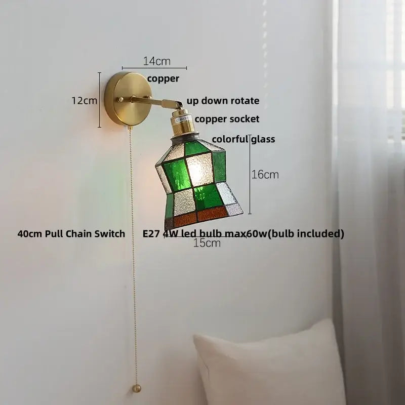 Tiffany style colorful square glass wall lights with copper mounting and green white amber stained glass shade decorbites wall lights