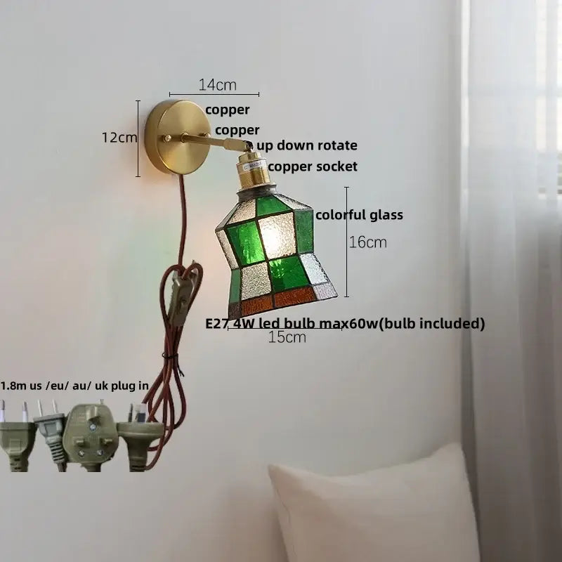 Tiffany style colorful square glass wall lights with copper mounting and green white amber stained glass shade for bedroom decorbites wall lights