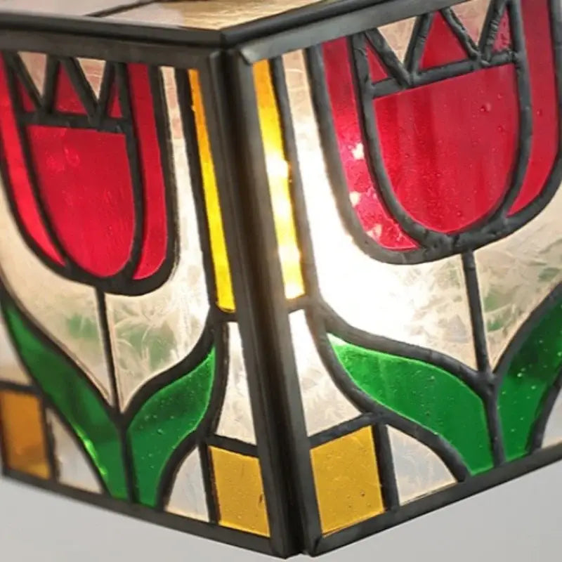 Tiffany style colorful square glass wall lights featuring stained glass lampshade with red tulips and black leaded frame
