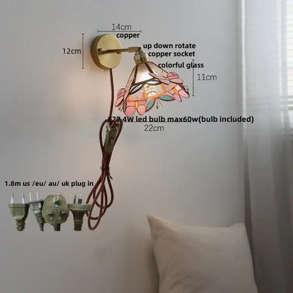 Tiffany style decorbites colorful square glass wall lights with copper arm and pink blue floral stained glass shade for bedroom decor